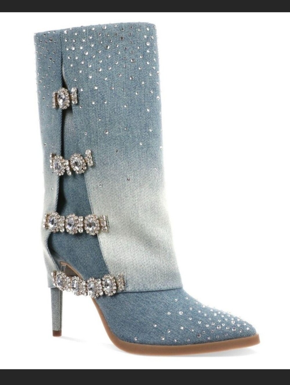 Thalia Sodi Denim Ombre Rhinestone Crystal Buckle Boots Size 6 NEW